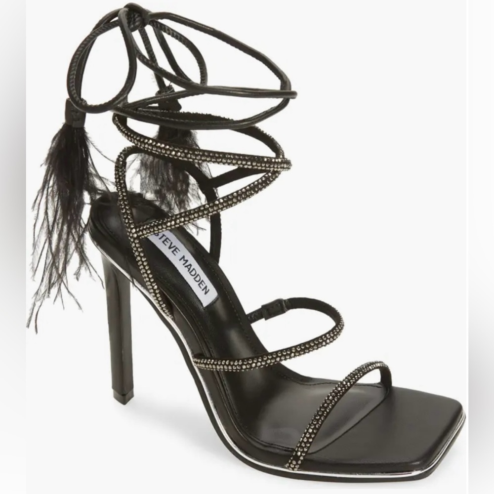 Steve Madden Women's Upgrade Rhinestone Ankle-Strap Feathered Dress Sandals